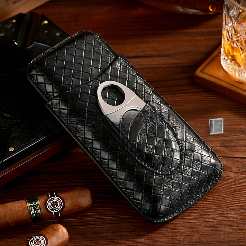 3 Pcs Leather Cigar Case Gift  - Cigar Cutter Set 评论和价格